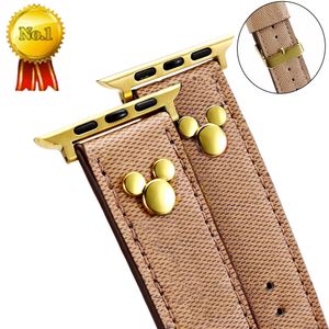 Designer Gold Link Chain Rivet Apple Watch Bands 42mm 38mm 40mm 44mm 49mm för IWatch 2 3 4 5 6 SE Bands läder smarta remmar armband mode tecknad karaktärer rem