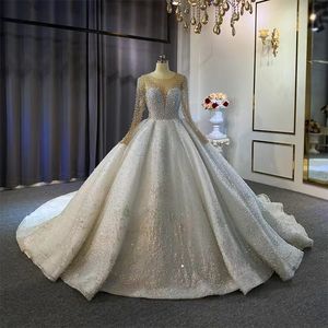 2023 a line Wedding Dresses Long Illusion Sleeves Lace Applique Jewel Sheer Neck Beaded Pearls Custom Made Chapel Wedding Bridal Gown