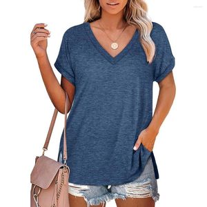 Women's T Shirts Blue Pink Tee Shirt Women Clothing Solid V Neck Slit Loose Casual Short Sleeve Tops White Black Streetwear