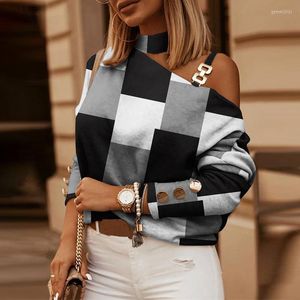 Women's Blouses Spring Elegant Off Shoulder Plaid Print Blouse Shirts Women Casual O-Neck Pullover Tops Autumn Ladies Fashion Long Sleeve