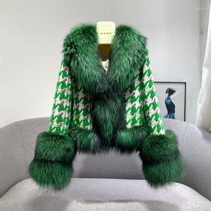 Kvinnors päls damer Autumn Winter Green Houndstooth Coat med fluffiga naturliga manschetter och hem Ytterkläder Kvinnor Ulljacka