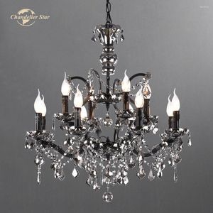 Chandeliers 19th C. Rococo LED Retro Black Metal Smoky K9 Crystal Candle Lamps Bedroom Living Room Farmhouse Indoor Lights Decor