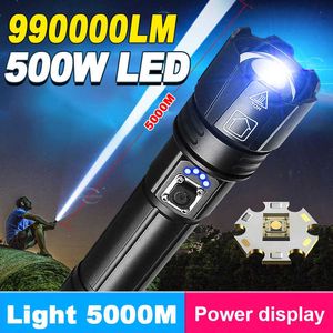 Flashlights Torches 500W USB 충전 990000lm 고전력 LED 손전등 줌 5000m 충전식 토치 작업 캠핑 라이트 0109
