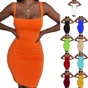 Casual Dresses Women Summer Sleeveless BodyCon Mini Pencil Dress Sexig fyrkantig hals Neon Solid Candy Color Stretch Cocktail Clubwear