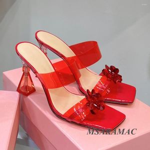 Slippers Sexy PVC Stereo Crystal Flower High Heel Leather Peep Toe Flat Sweet Large Size Vacation Shoes Women