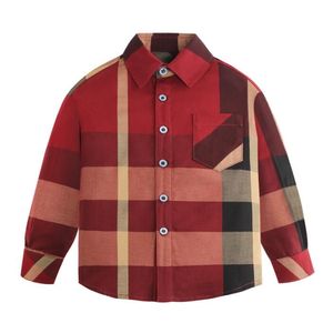 Süße Baby Jungen rote Plaid Kinder Langarm mit Tasche Turndown Kragen Hemd Frühling Herbst Kinder Tops Kinderhemden 2-8 Jahre