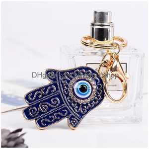 Schlüsselanhänger Hamsa Hand Schlüsselanhänger Evil Eye Fatima Anhänger Charme Legierung Schmuck Schlüsselanhänger Halter für Mann Frauen Metall Modeketten Schwarz Dh9Lx