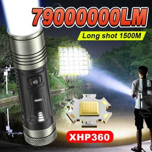 Ficklampor facklor laddningsbara ficklampa XHP360 Hög effekt LED -ficklampa med USB -laddningsljus 800 m kraftfull fackla taktisk lykta 0109