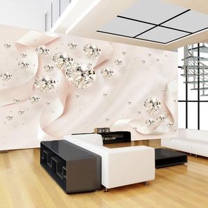 Bakgrundsbilder Anpassade Po Mural Modern 3D Creative Pink Ribbon Silk Wall målning Diamond Smycken Decor Självhäftande TAPPETER Sovrum