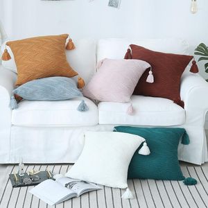 Kissen-Baumwoll-Strickbezug, dekorativ, weiß, gelb, rosa, blau, grün, mit Quasten, für Zuhause, Sofa, Bett, Wohnzimmer, 45 x 45 cm
