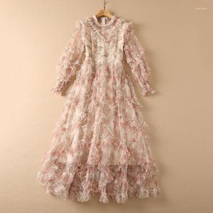Casual Dresses European And American Women's Wear Autumn 2023 Long Sleeve Lantern Flower Embroidery Nail Bead Fashionable Pink Dress