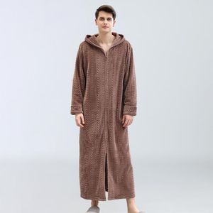 Mäns Sleepwear Europe Plus Size Size Zipper Long Dressing Gown Winter Flanell Hooded Bathrobe Solid Color Thick Home Robe Man Warm Nightgown