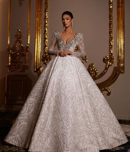 Luxury Ball Gown Wedding Dresses Appliques V Neck Long Sleeves Sequins Ruffles Pearls Appliques Floor Length Diamonds Ruffles Formal Dresses Bridal Gowns Plus Size