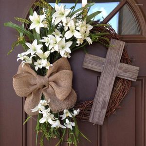 Decorative Flowers Easter Cross Wreath With Bow Rattan Ring Garland Hanging Ornament For Home Front Door Wall Garden Spring Decoration Gift