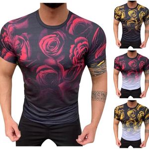 Men's T Shirts Fashion Summer 3d Flowers Gradient Men Shirt Short Sleeve O-neck Tops Male Rose Wedding Party Stage Tee Top Plus Size 2023