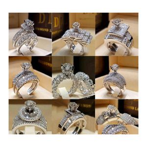 Anéis de banda 2 PCs/Set série Série Trendy White Crystal Round Ring Set for Women Girls Wedding Engagement Party Fashion Jewelry Drop Deliver OTLFQ