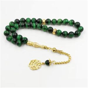 Charm Bracelets Albashan Tasbih Natural Green Tiger Eye Stone Glod Metal Tassel Muslim Fashion Accessories S Arabia Bracelet Turkish Dh40K