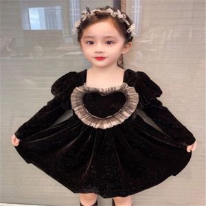 Spring Autumn Baby Girls Dress Kids Length Sleeve Golden Velvet Love PrincessSkirt Children Casual Dresses Clothing