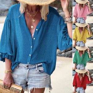 Camicette da donna Camicia stampata ampia a maniche lunghe da donna Top con scollo a V con volant Bottoni casual Spiaggia Manica svasata Chiffon