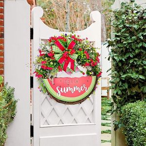 Dekorativa blommor Hello Summer Sign Wreath Forn Door Hanger Rustic Watermelon Plack Porch Garland med säckväv Bow Wreaths Home Farmhouse