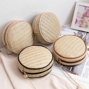 Evening Bags Women Straw Round Handbags Summer Rattan Beach Shopper Bag Woven Circle Bohemia Handbag Fashion Zipper Chain Boho