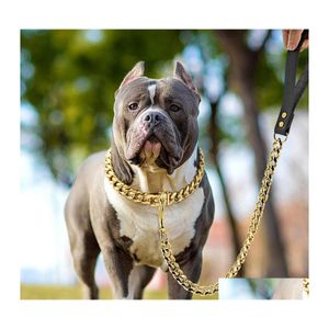 Dog Collars Leashes 304ステンレス鋼チェーンカラーとリーシュスーパーストロングメタルチョークシアゴールドペットリードロープパーティーショーDRO DHY9B