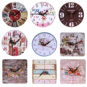 時計ヴィンテージの木製の壁時計大型ぼろぼろのシックな素朴なキッチンホームアンティークスタイルの美容時計パターンラウンドフォトグラス0110