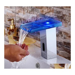 Bathroom Sink Faucets 2021 Copper Basin Led Color Sense Square Glass Waterfall Smart Hydropower Temperature Sensitive Drop Delivery Dhuij