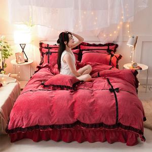 Bedding Sets 4pcs coreano Crystal Cashmere Princess Style Luxury Queen King Size Duvet Capa Conjunto de travesseiros