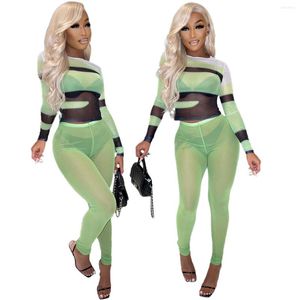 Women's Two Piece Pants Sexy Mesh 2 Pieces Club Outfit Women See Through Fluorescent Green Clubwear Long Sleeve O Neck Patchwork Top And