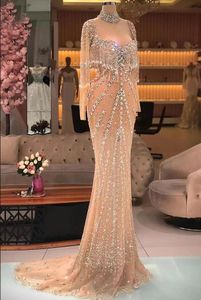 Sliver Nude Mermaid Elegant Arabic Evening Dresses Gowns With long sleeve Kendall Jenner Luxury Tassel Beaded Prom Dress
