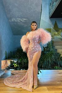 Pink Evening Dresses Long Sleeves Bateau 3D Lace Beaded Exquisite Appliques Sequins Feather Floor Length Celebrity 3D Lace Side Slit Prom Dresses Gowns Party Dress