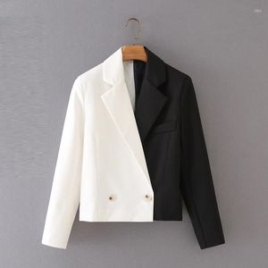 Women's Suits Fashion Women Elegant Short Blazer Casual Office Work Vintage Ladies Black And White Colorblock Double Breasted Jacket 6627