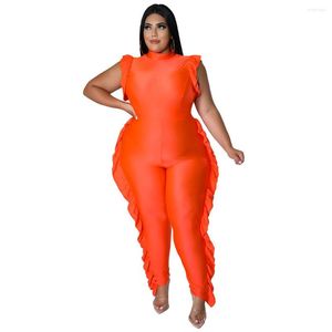 Spårar FS Orange Black Sexig ett stycke Plus-storlek Kvinnkläder Set passar stora damer Ruffled Jumpsuits Turtleneck Summer Outfits