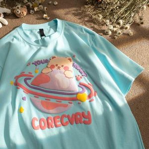 メンズTシャツ綿ハッピープラネットカップルは、短袖のTシャツと女性のゆるい子猫を着ていますハーフスリーブ