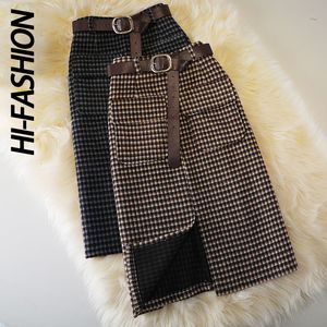 Kjolar hifashion ullplädin kvinnlig hösthög midja fickan delad midlängd koreansk vinter onestep plus storlek 230110