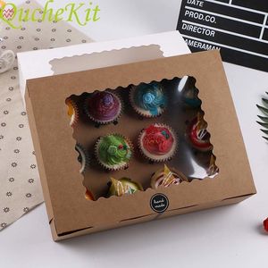 Gift Wrap 5pcs 12 Cup Muffin Cupcake Box With Cake Tray Kraft Paper Wedding Birthday Party Dessert Packaging Case Candy 230110