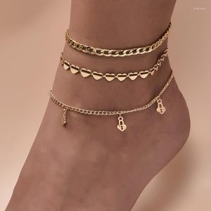 Tornozeleiras 3 PCs/set Fashion Beach Gold Color Love Heart Key Lock for Women Trendy Foot Chain Torthle Bracelet Jewelry Gifts