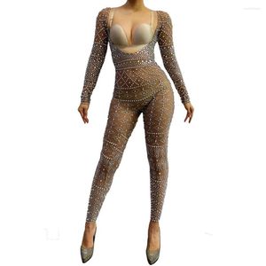 Stage Wear Sexy Mesh Transparent Sparkly Rhinestones Jumpsuit Long Sleeve Birthday Party Outfit Show Rompers Dance Costume
