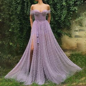 Abiti da sera viola lilla di lusso 2023 Perle con spalle scoperte Sweetheart A Line Prom Dress Abiti da cerimonia con spacco alto