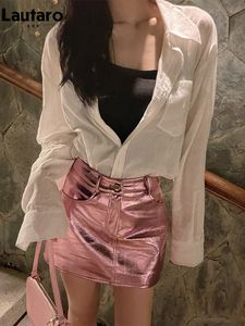 Skirts Lautaro Summer Autumn Pink Silver Reflective Shiny Patent Leather Mini for Women High Waist A Line Short Sexy Y2K Clothes 230110