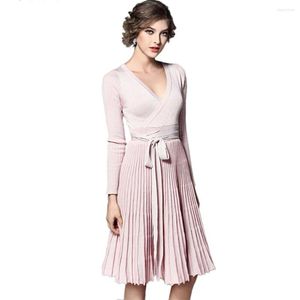 Casual Dresses Lady Cross V Neck Lace-up Waist Knitted Women Shining Sliver Silk Blink Dress 2023 Autumn Pleated Tunic Elegant Vestidos