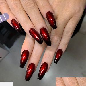 False Nails 24Pcs/Set Long Coffin Fashion Finished Red Black Gradient Fake Beauty Nail Decal Ballerina Fl Art Tips Drop Delivery Hea Dhxcj