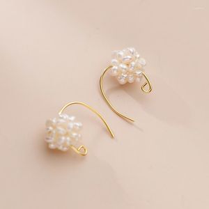 Studörhängen 18K guld verklig. 925 Sterling Silver Piercing Rice Pearl Ear Hook Threader C-G9703