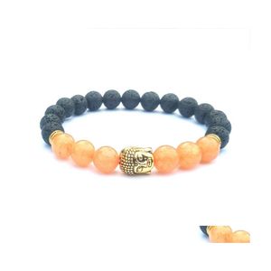 Beaded Strands 8Mm Natural Stone Elastic Bracelet Pray Volcanic Meditation Buddha Head Men And Women Essential Oil Aromatherapy Cur Dh1Aj