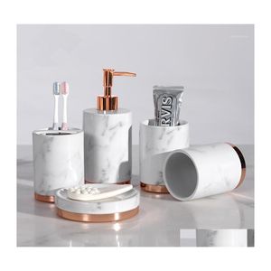 Bath Accessory Set Bathroom Accessories Ceramic Metal Base Soap Dispensers Toothbrush Holder Gargle Cups Dish With Tray Wedding Gift Dhfee