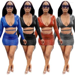 Work Dresses Sexy Bandage 2 Pieces Mini Skirt Sets Long Sleeve V Neck Crop Top And Draped Strings Skirts Woman Matching Night Club Wear