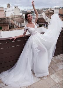 Vestidos de noiva de luxo 2 em 1 bainha com saia destacável Apliques de renda de pescoço 3/4 vestidos de noiva de duas peças de manga longa 2023