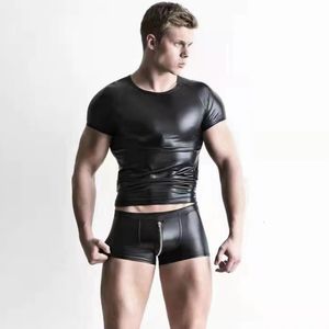 Men's TShirts LICLICP Faux Leather Men Sexy Cosplay Uniform Night Tight Tops Shirt With PU Zipper Open Crotch Short Pants Set 230110