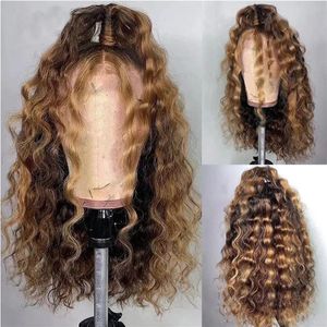 Curly Human Hair Wig Brown Ombre 13x1 Brasiliansk färg Deep Water Wave Hd Frontal Highlight Spets Front Wigs For Women